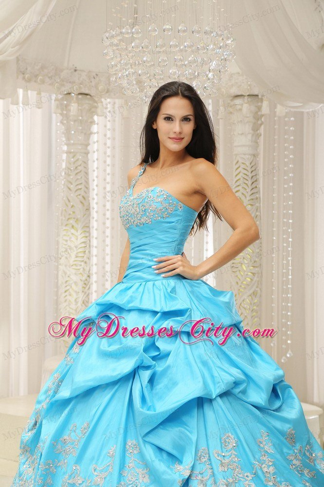 Aqua One Shoulder Embroidery Quinceanera Dress in Organza