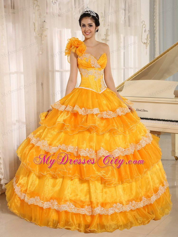 Flowers One Shoulder Ruffled Layers Dress for Quinceanera