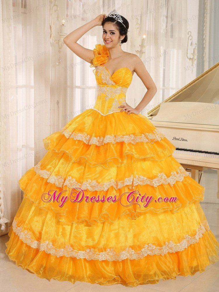 Flowers One Shoulder Ruffled Layers Dress for Quinceanera