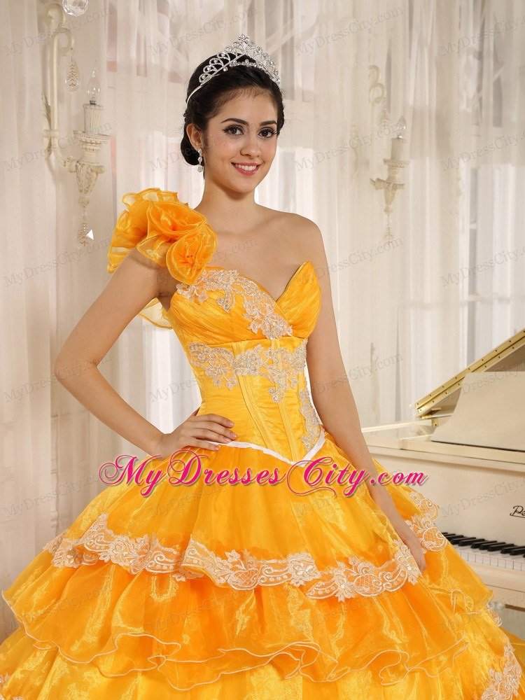 Flowers One Shoulder Ruffled Layers Dress for Quinceanera