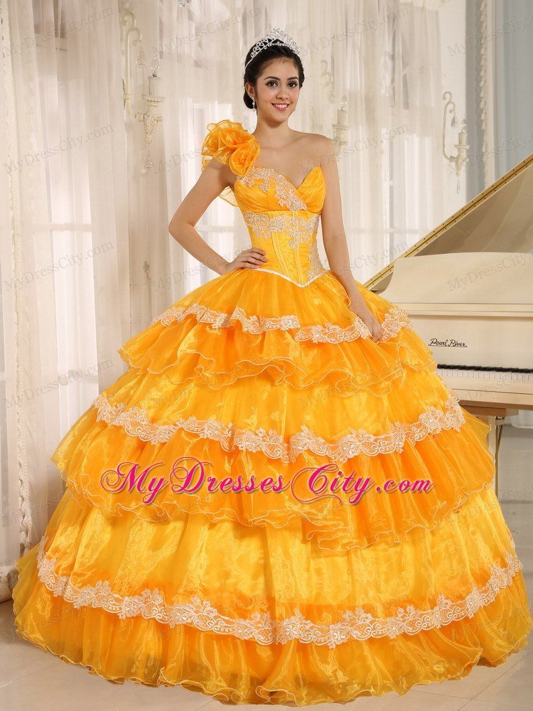 Flowers One Shoulder Ruffled Layers Dress for Quinceanera