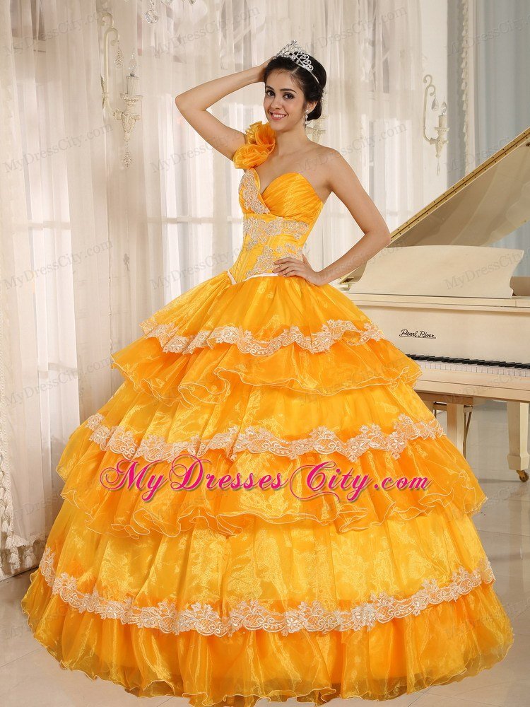 Flowers One Shoulder Ruffled Layers Dress for Quinceanera