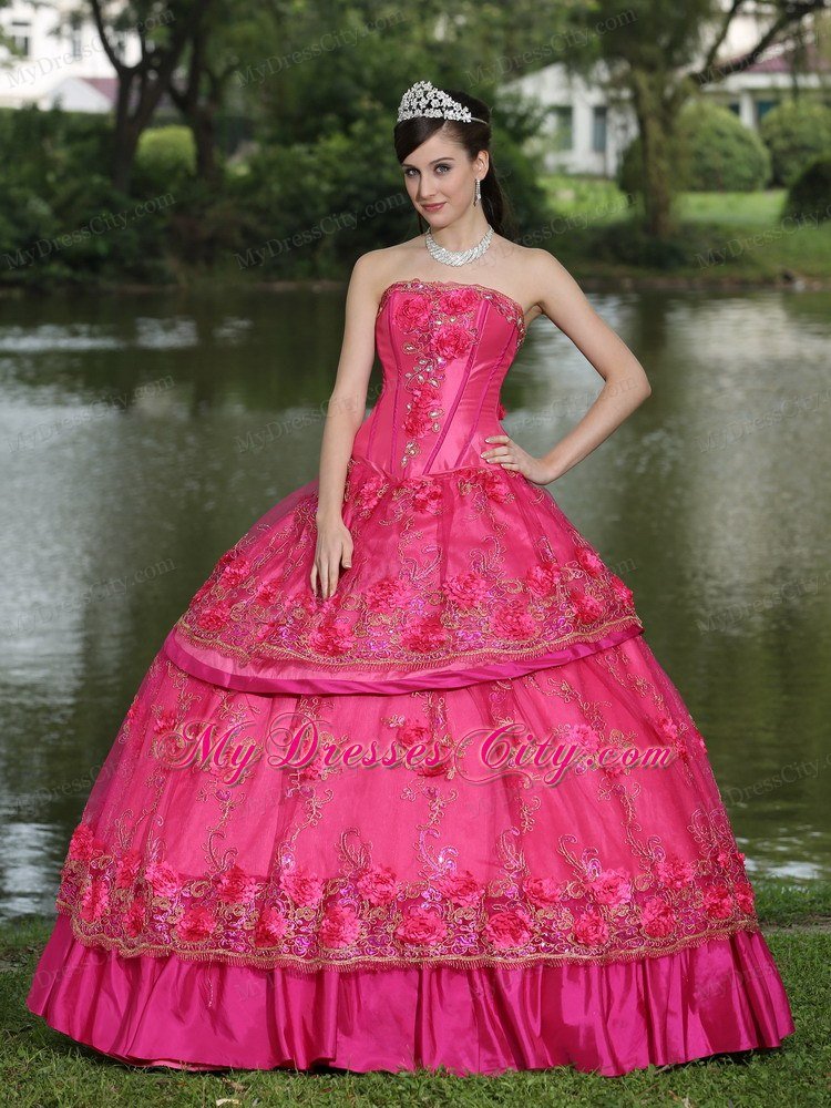 Hand Made Flowers Quinceanera Dress in Hot Pink Color