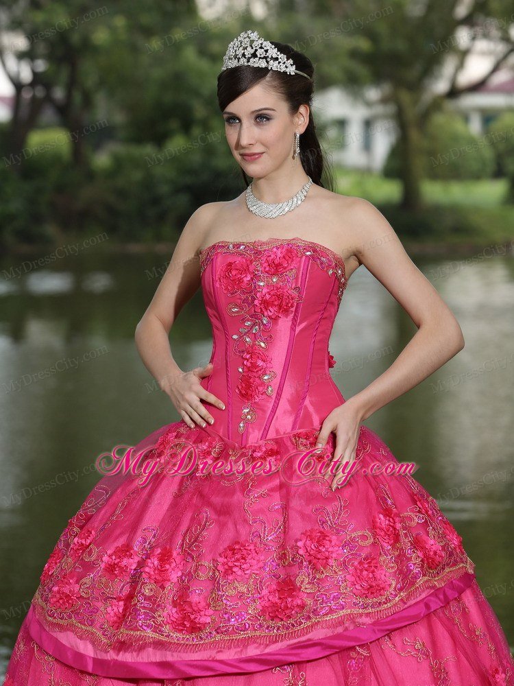 Hand Made Flowers Quinceanera Dress in Hot Pink Color