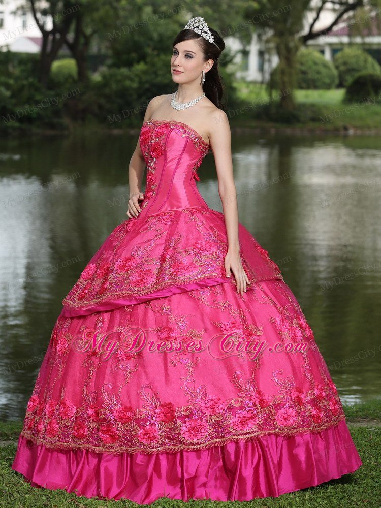 Hand Made Flowers Quinceanera Dress in Hot Pink Color