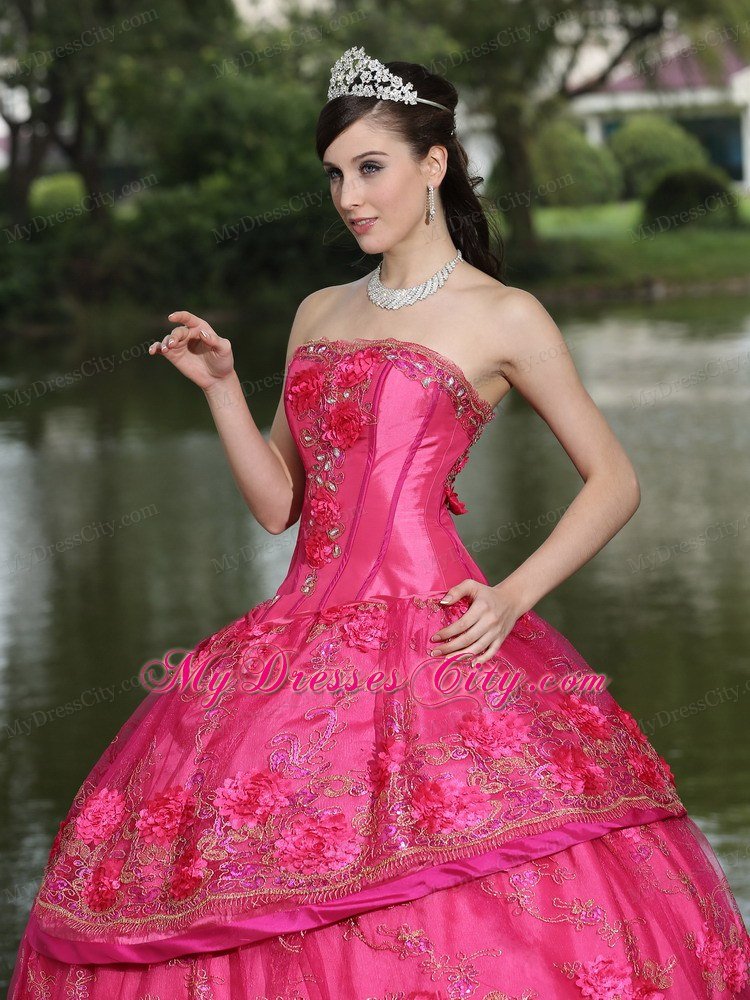 Hand Made Flowers Quinceanera Dress in Hot Pink Color