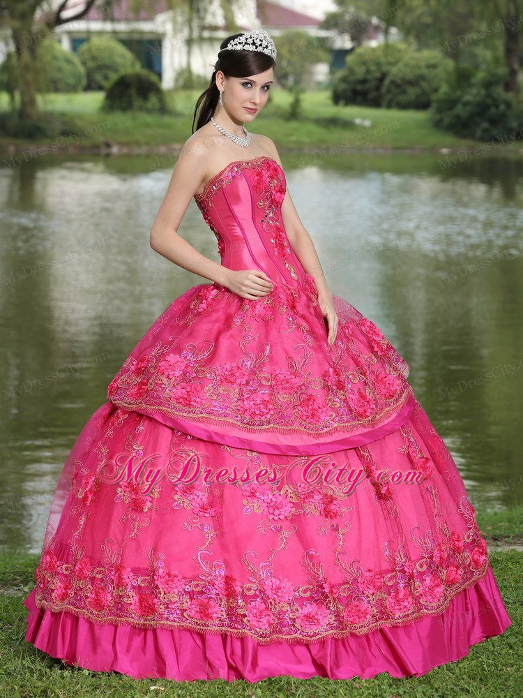 Hand Made Flowers Quinceanera Dress in Hot Pink Color