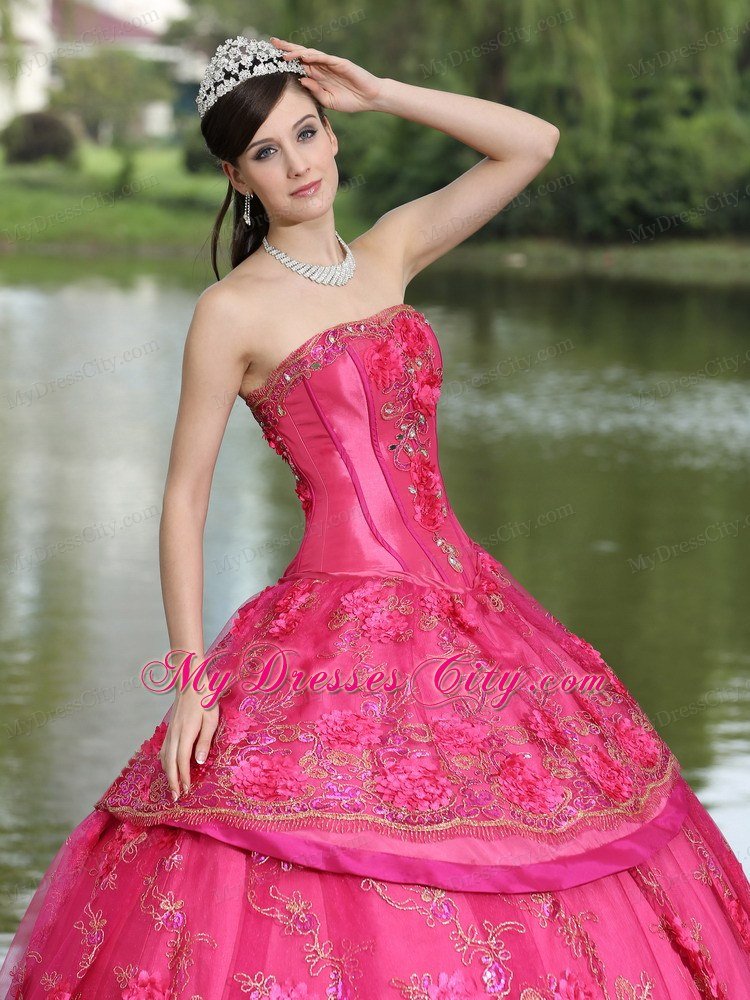 Hand Made Flowers Quinceanera Dress in Hot Pink Color