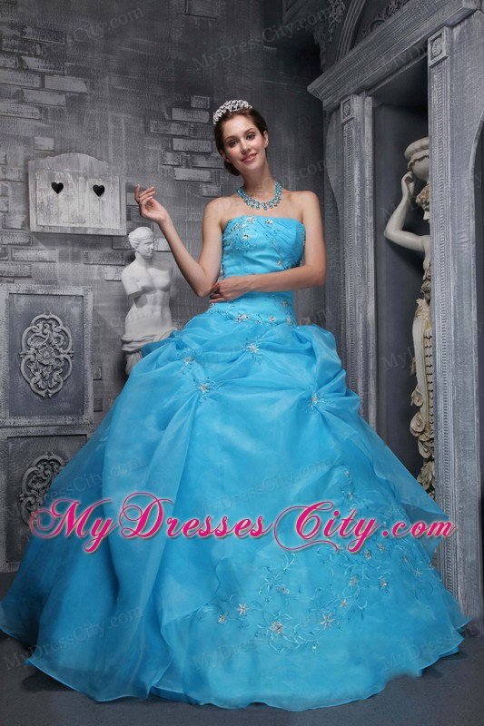 Beautiful Aqua Taffeta and Organza Appliques Quinceanera Dress