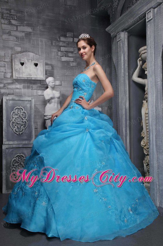 Beautiful Aqua Taffeta and Organza Appliques Quinceanera Dress