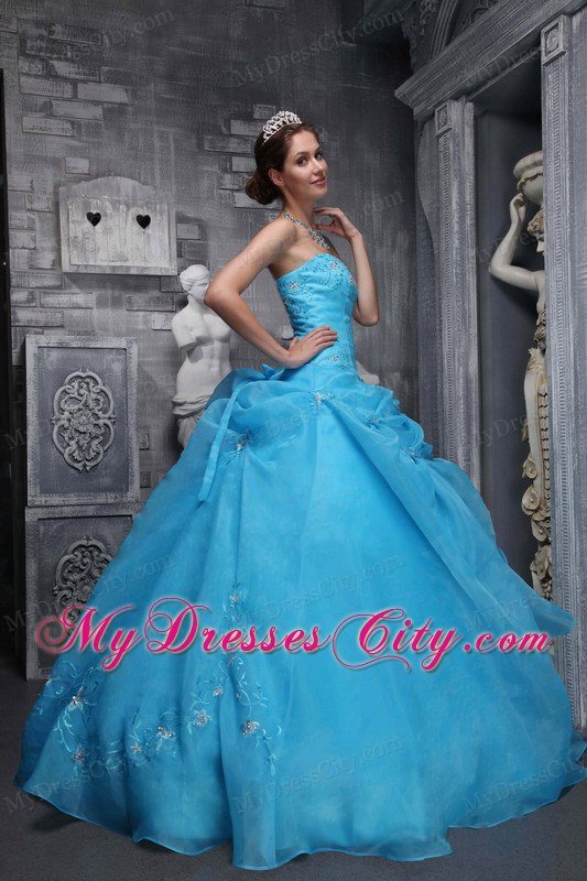 Beautiful Aqua Taffeta and Organza Appliques Quinceanera Dress