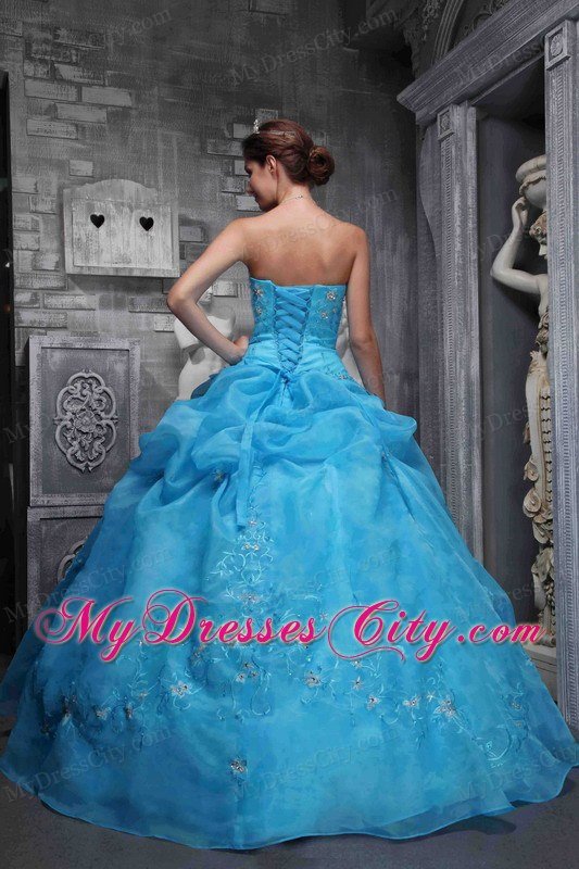 Beautiful Aqua Taffeta and Organza Appliques Quinceanera Dress