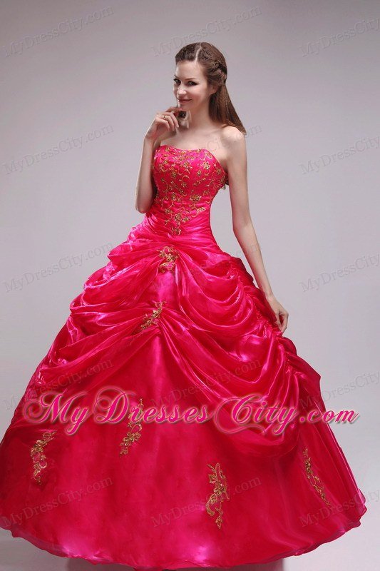 Red Ball Gown Strapless Organza Quinceanera Dress with Appliques