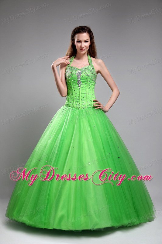 Spring Green Halter Tulle Corset Beading Quinceanera Dress