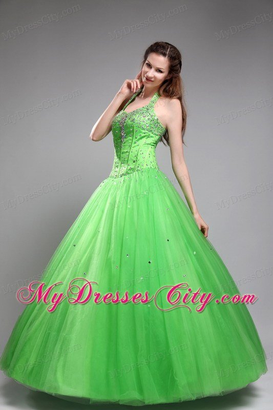 Spring Green Halter Tulle Corset Beading Quinceanera Dress