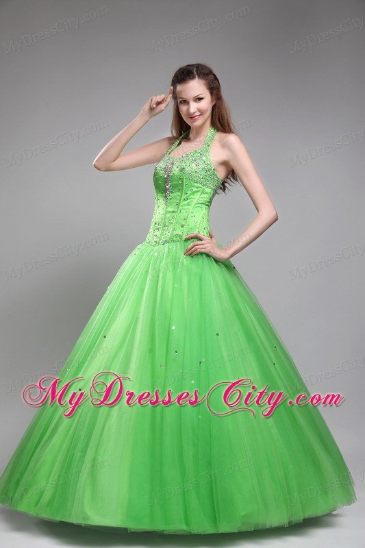 Spring Green Halter Tulle Corset Beading Quinceanera Dress