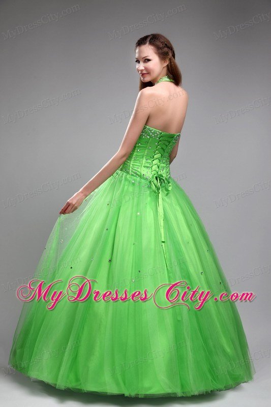 Spring Green Halter Tulle Corset Beading Quinceanera Dress