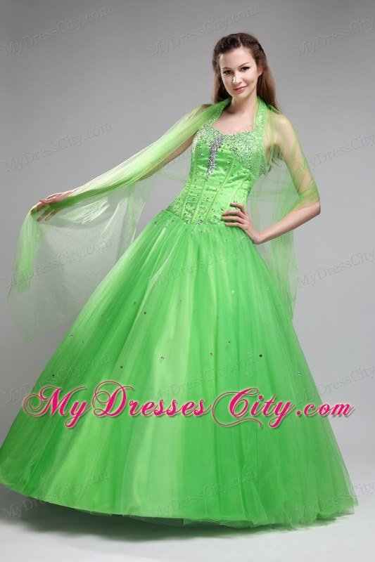 Spring Green Halter Tulle Corset Beading Quinceanera Dress