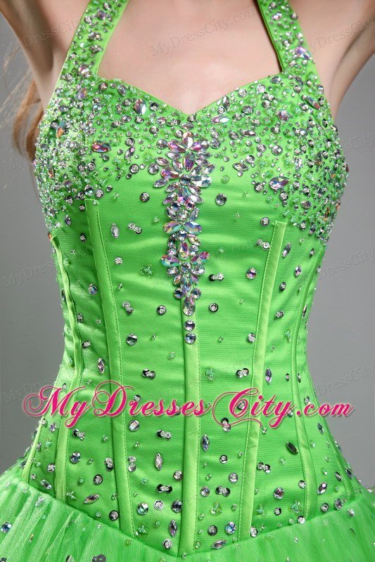 Spring Green Halter Tulle Corset Beading Quinceanera Dress