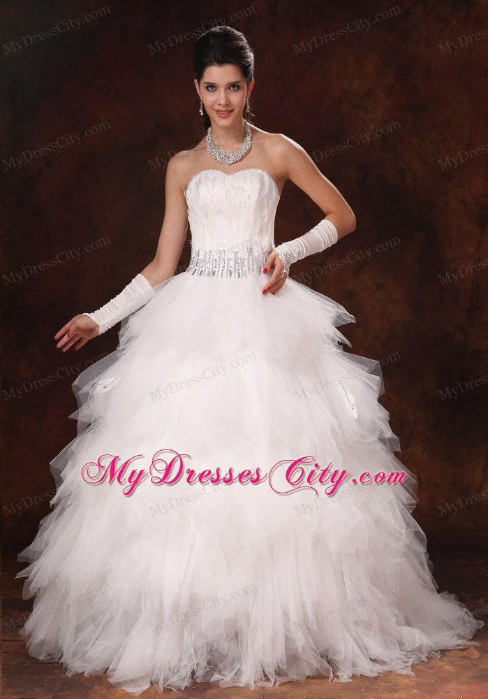 Feather Beading Decorated Waist Tulle Sweetheart Wedding Dress