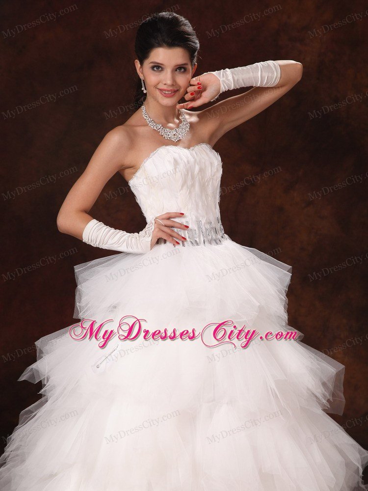 Feather Beading Decorated Waist Tulle Sweetheart Wedding Dress