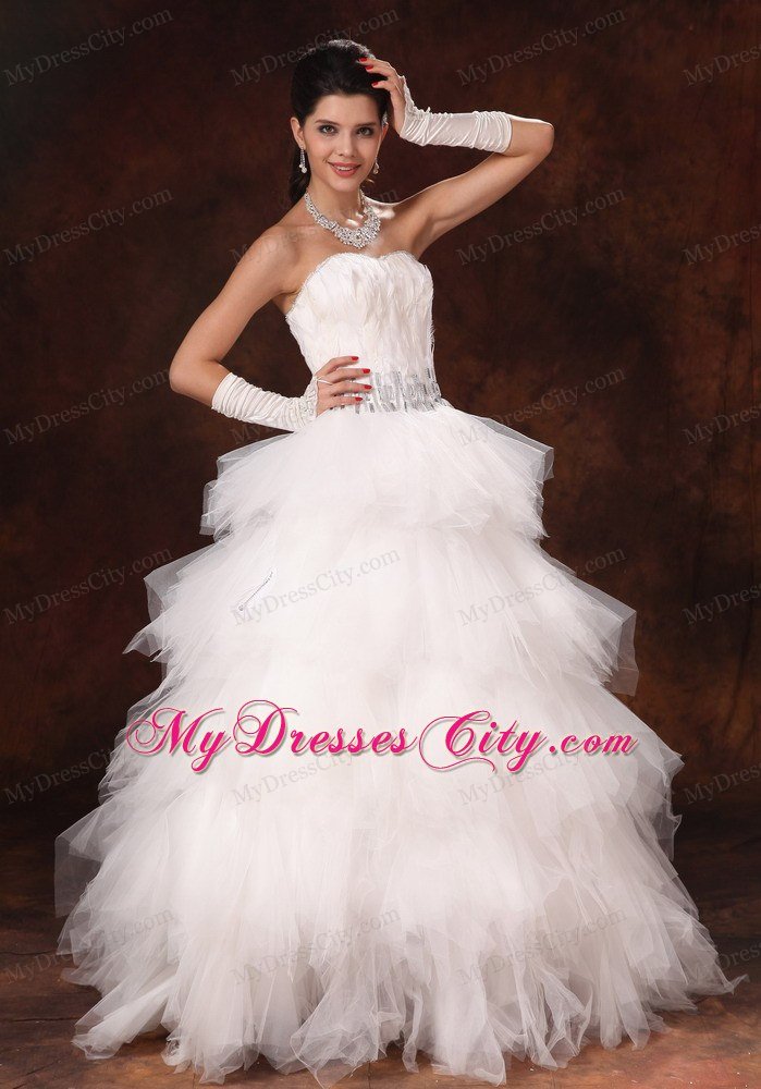 Feather Beading Decorated Waist Tulle Sweetheart Wedding Dress