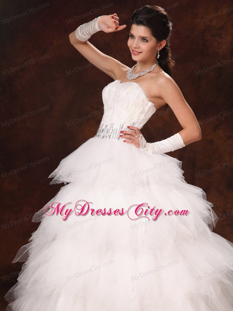 Feather Beading Decorated Waist Tulle Sweetheart Wedding Dress