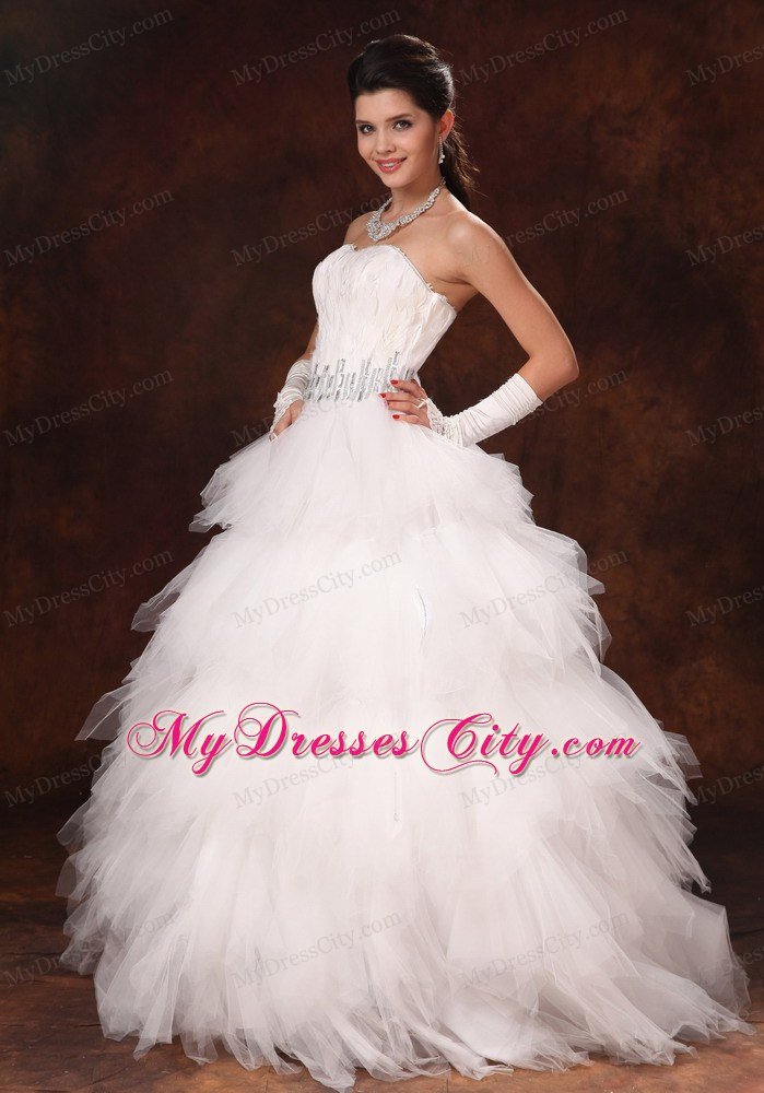 Feather Beading Decorated Waist Tulle Sweetheart Wedding Dress