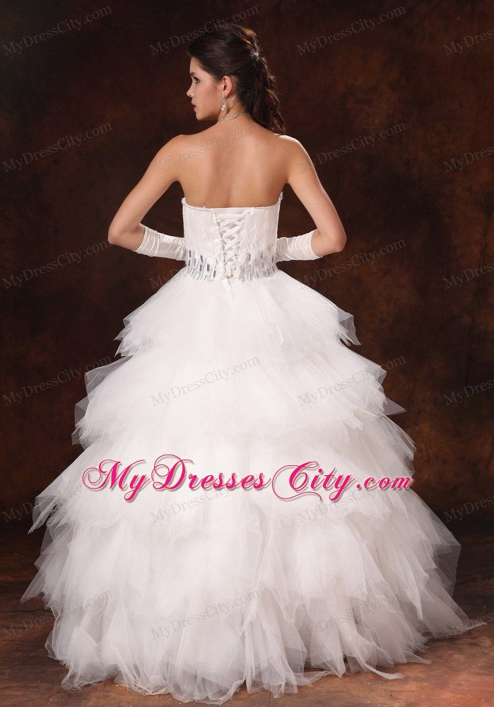 Feather Beading Decorated Waist Tulle Sweetheart Wedding Dress