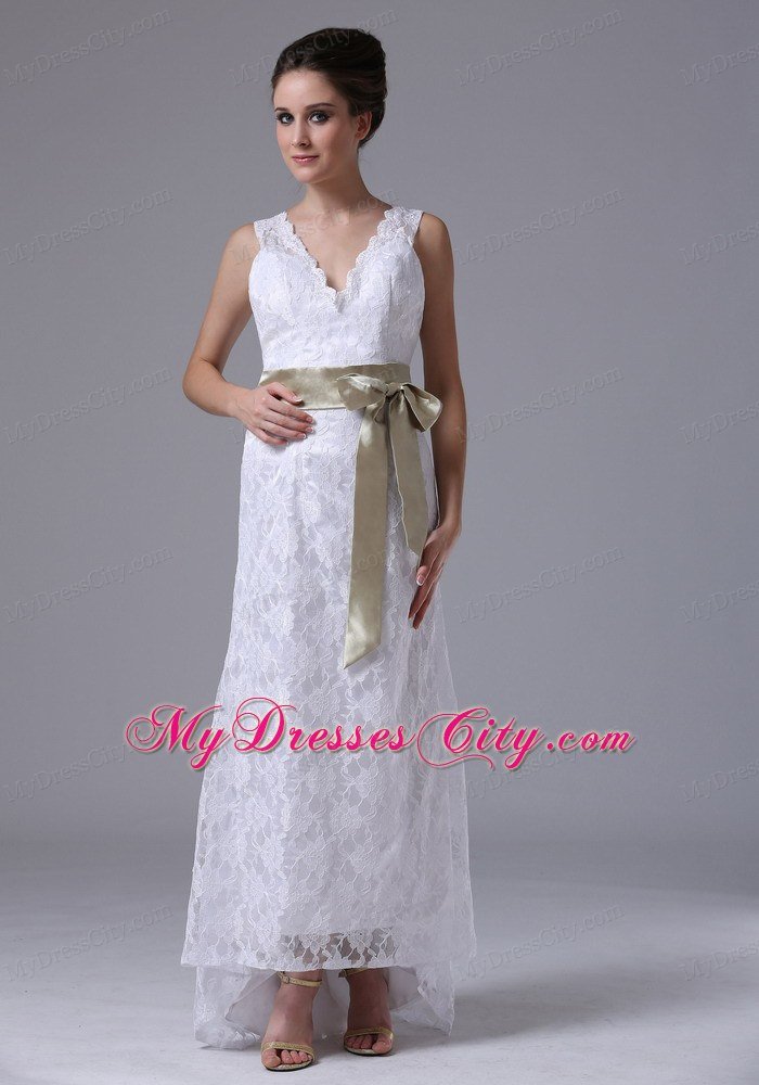 High-low V-Neck Lace Summer Wedding Dress with Apple Green Sash