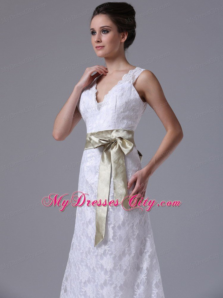 High-low V-Neck Lace Summer Wedding Dress with Apple Green Sash