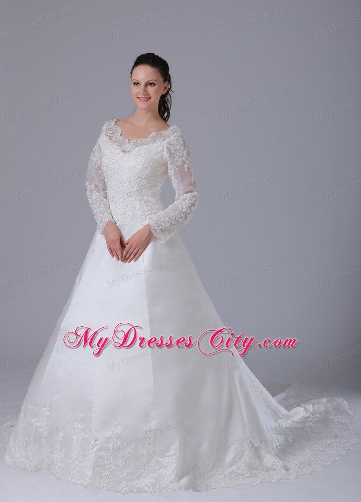 A-line V-neck Long Sleeves Lace Wedding Dress with Court Train