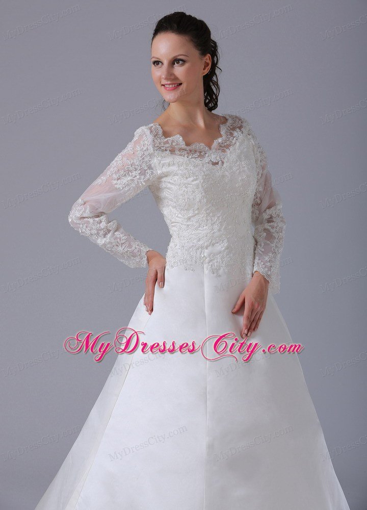 A-line V-neck Long Sleeves Lace Wedding Dress with Court Train