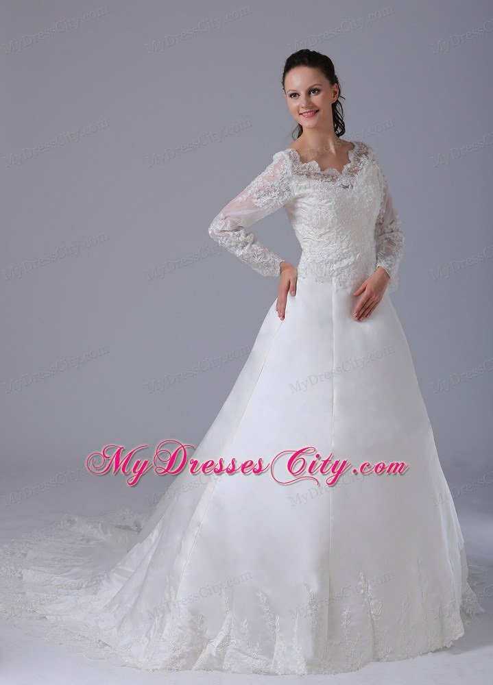 A-line V-neck Long Sleeves Lace Wedding Dress with Court Train