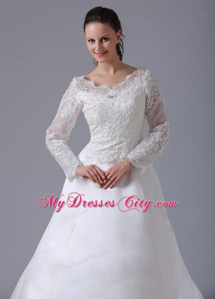 A-line V-neck Long Sleeves Lace Wedding Dress with Court Train