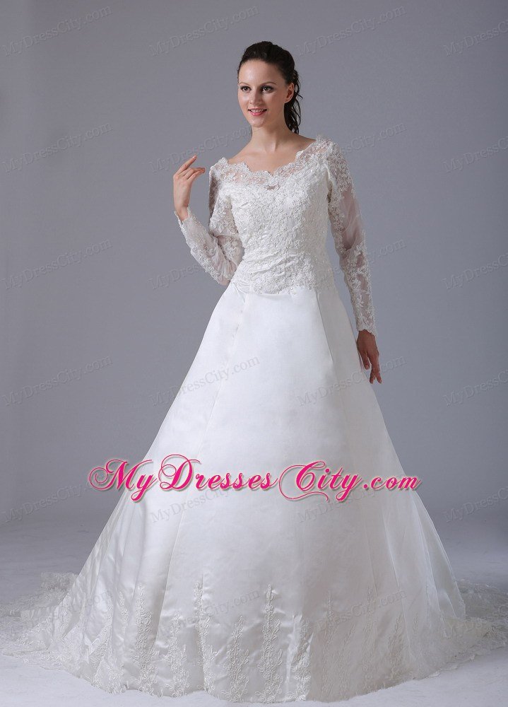 A-line V-neck Long Sleeves Lace Wedding Dress with Court Train