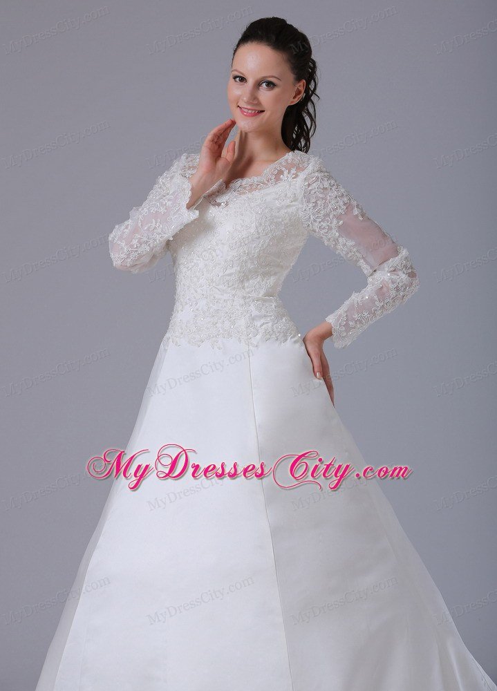 A-line V-neck Long Sleeves Lace Wedding Dress with Court Train