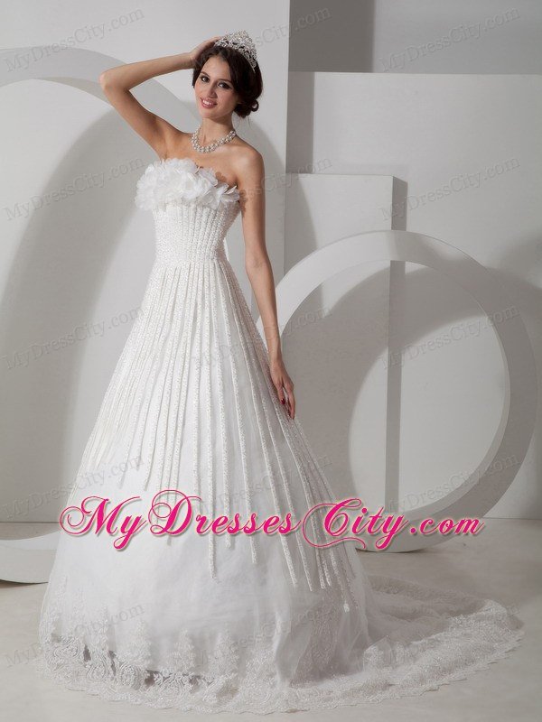 Modest A-line Strapless Brush Train Appliques Wedding Dress