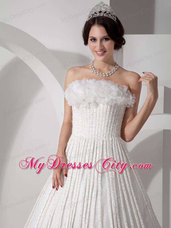 Modest A-line Strapless Brush Train Appliques Wedding Dress