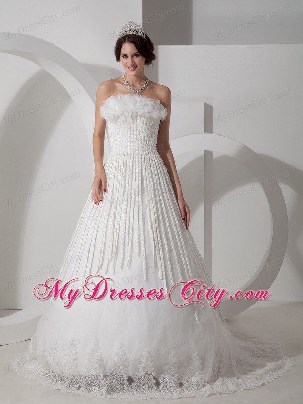 Modest A-line Strapless Brush Train Appliques Wedding Dress