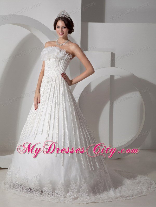 Modest A-line Strapless Brush Train Appliques Wedding Dress