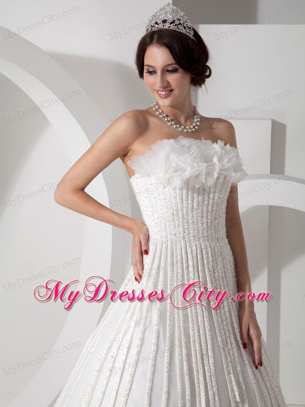 Modest A-line Strapless Brush Train Appliques Wedding Dress