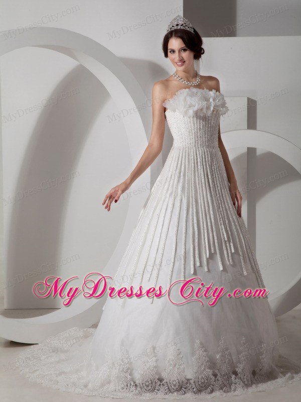 Modest A-line Strapless Brush Train Appliques Wedding Dress