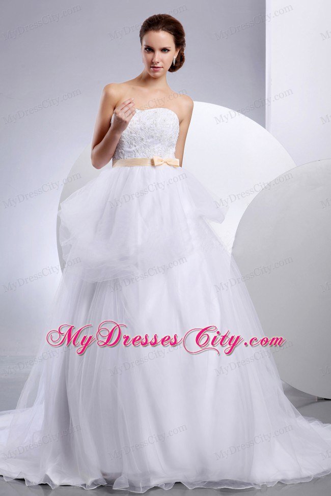 Pretty Strapless Bridal Gown with Appliques and Champagne Sash