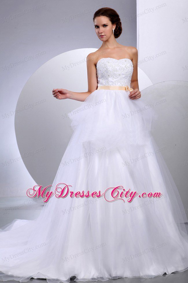 Pretty Strapless Bridal Gown with Appliques and Champagne Sash