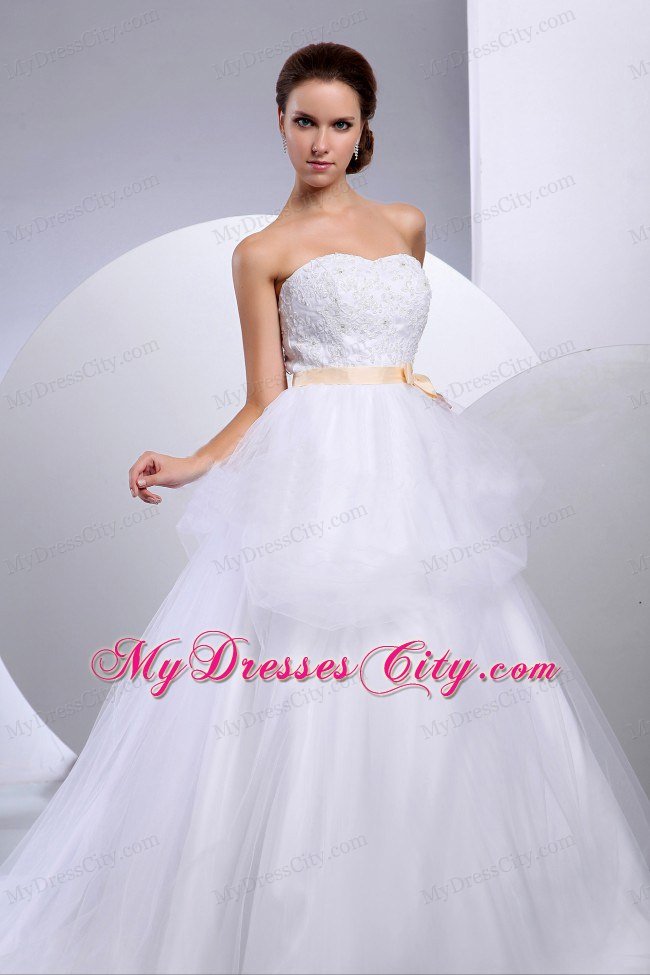 Pretty Strapless Bridal Gown with Appliques and Champagne Sash