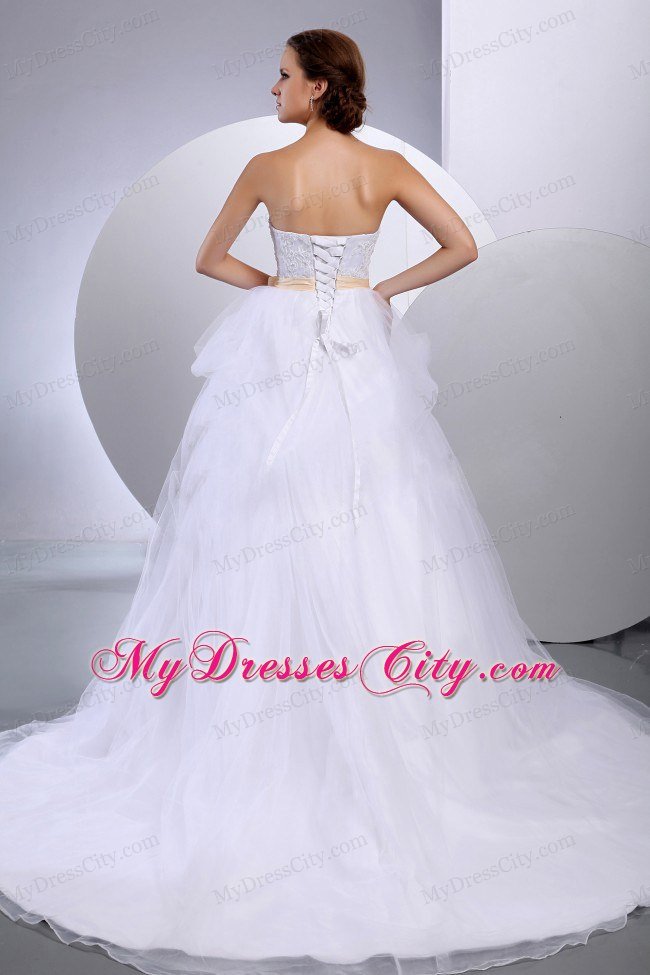 Pretty Strapless Bridal Gown with Appliques and Champagne Sash