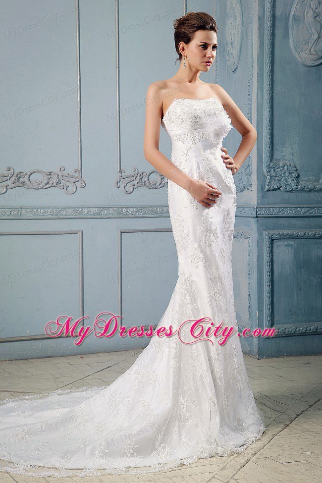 Lace Mermaid Court Train Wedding Dress with Hand Made Flowers