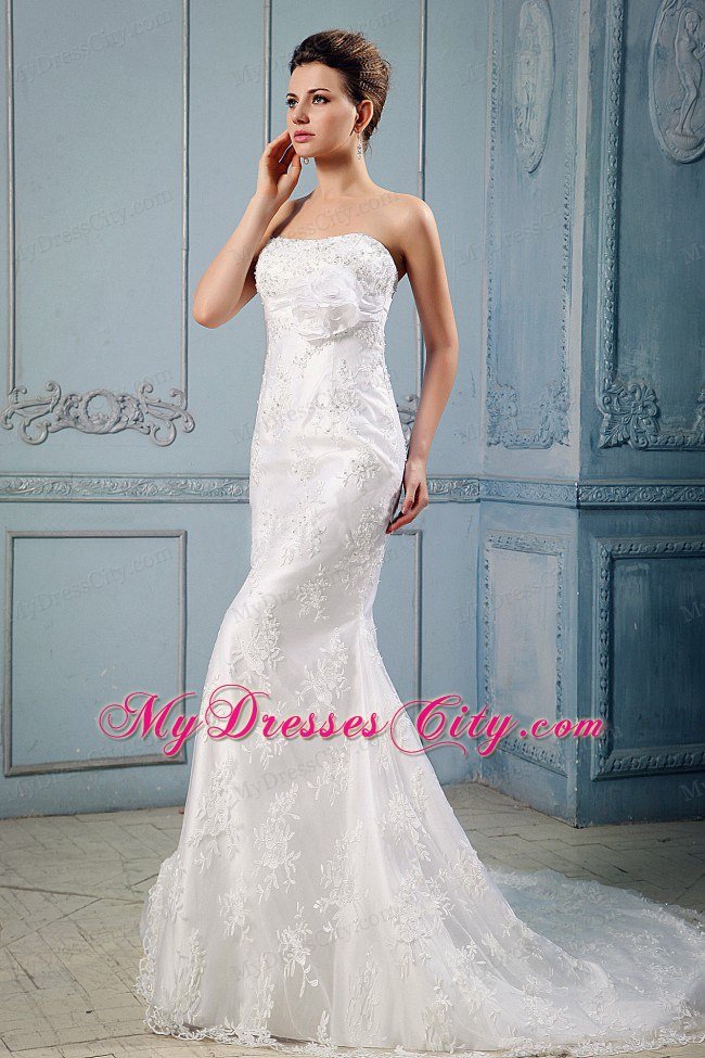 Lace Mermaid Court Train Wedding Dress with Hand Made Flowers