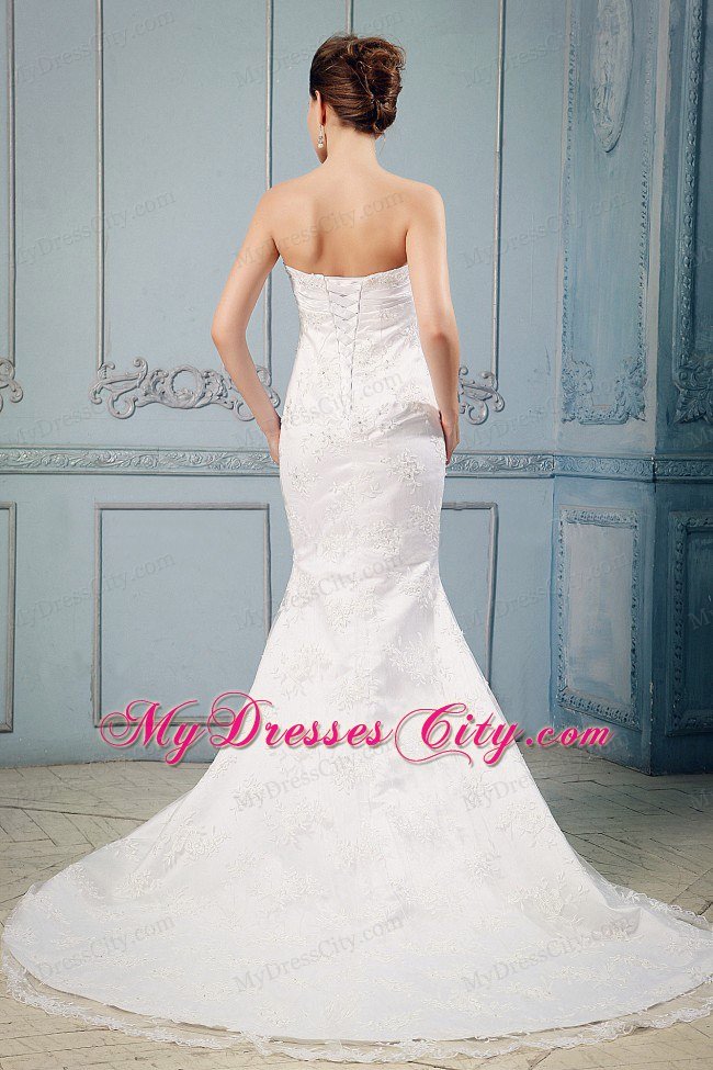 Lace Mermaid Court Train Wedding Dress with Hand Made Flowers